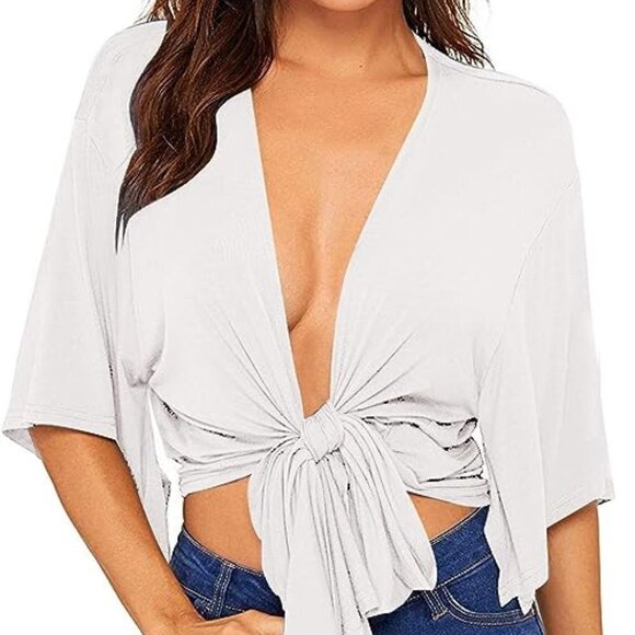 Women's Short Sleeve Deep V Neck Tie Front Basic Solid Crop Top - Picture 1 of 5